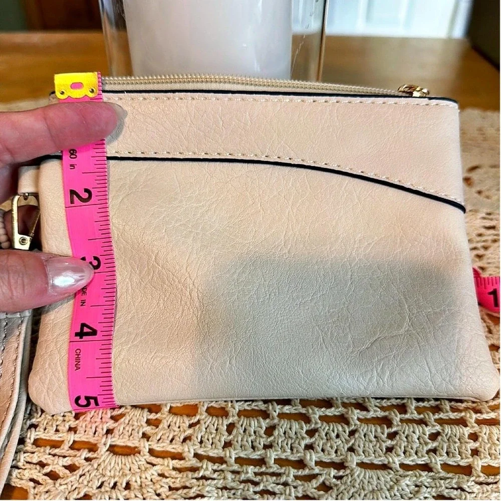 Cream Faux Leather Wristlet Small Zipper Pouch Gold Hardware Minimalist Pouch